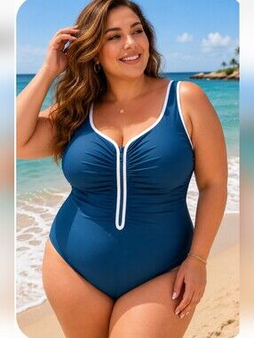 DELIMIRA Plus Size 20 One Piece Swimsuit Teal Blue Front Zip Tummy Control NWT